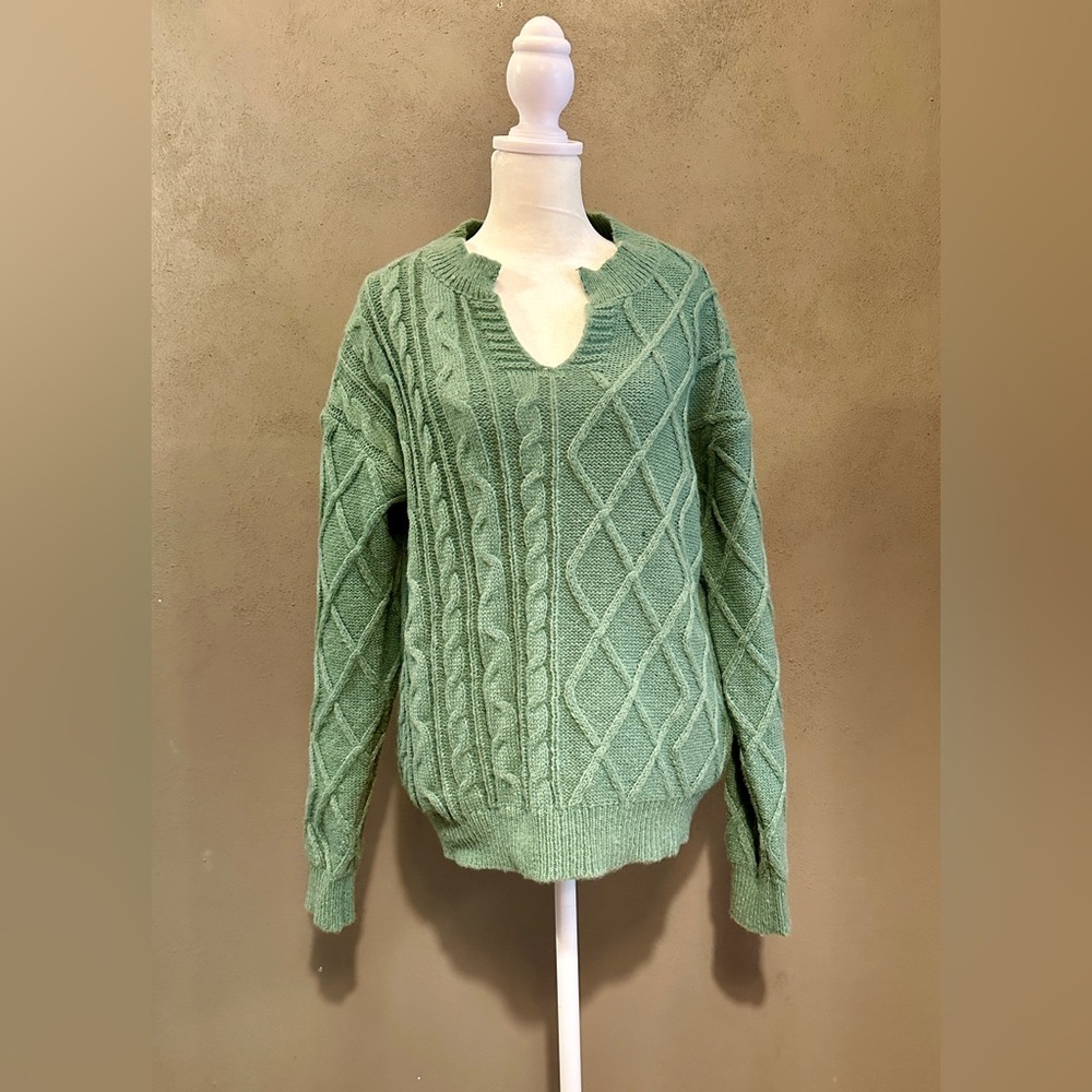 Green long sleeve sweater with open neck, size Small, perfect condition